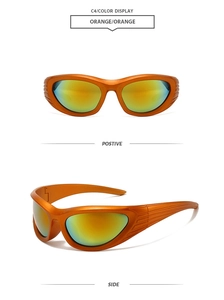 Front and side view of orange athletic wrap sunglasses with yellow gradient mirror lenses