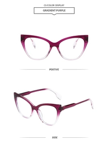 Detail view of gradient purple cat-eye eyeglass frames with C5 color code label