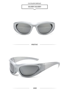 Front and side view of silver Y2K wraparound sports sunglasses with dark gray lenses