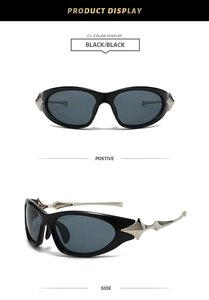 Detail view of silver geometric punk stems and star accents on oval frame sunglasses