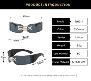 Detailed size chart and dimensions of the futuristic punk rimless wrap sunglasses