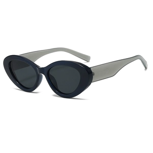 Retro cat-eye sunglasses with dark blue frames and translucent grey temples on white background
