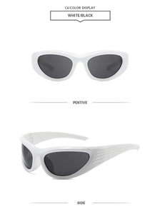Macro view of white wrap sunglasses frame with textured anti-slip stripes on the temples
