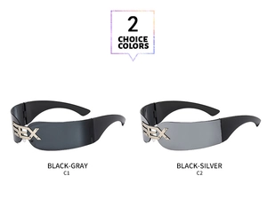 Detail view of punk rimless sunglasses showing C1 and C2 colors with SEX metal logo