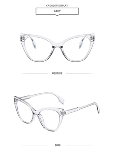 Detail view of transparent grey cat eye frames in positive and side angles, model C7