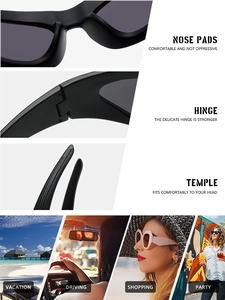 Detail view of black chunky sunglasses showing sturdy hinges and integrated nose pads