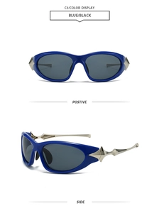 Macro view of blue plastic frame sunglasses with silver metallic spiked temple details