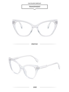 Front and side view of transparent cat eye eyewear frames with anti-blue light coating