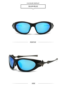 Futuristic punk sunglasses with star accents and blue mirrored lenses on a black frame