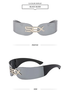 Detail of wrap-around punk sunglasses with metal SEX logo and futuristic silver frame