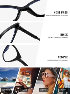 Detail of ergonomic nose pads, durable hinges and temples for cat-eye glasses frame