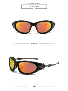 Detail of punk sport sunglasses with red mirrored lenses and geometric black temples