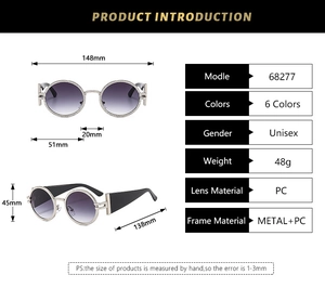 Detailed technical diagram showing dimensions and purple gradient lenses of retro sunglasses