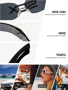 Detail view of punk rimless sunglasses showing silicone nose pads and metal hinges