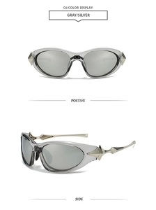 Detail view of Y2K futuristic punk sunglasses with star accents and silver mirror lenses