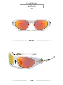Detail of punk style sunglasses with white frame, red gradient lens and silver star metal arms