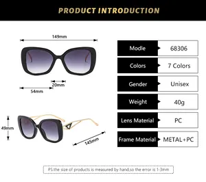 Detailed size guide and specifications for retro cat-eye sunglasses with metal temples