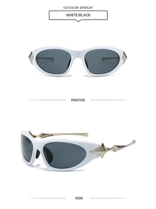 Detail view of white Y2K futuristic sunglasses with silver metal temples and star decor