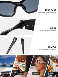 Detailed views of punk style sunglasses showing nose pads, hinges and lifestyle scenes