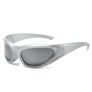 Y2K futuristic silver wrap sunglasses with grey lenses for outdoor sports and hip-hop style