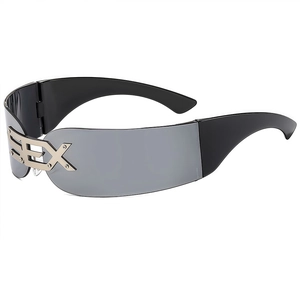 Futuristic punk rimless oversized sunglasses with gray lenses and metal SEX letter decor