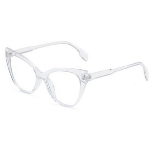 Modern cat-eye transparent eyewear frame with anti-blue light lenses in a minimalist style