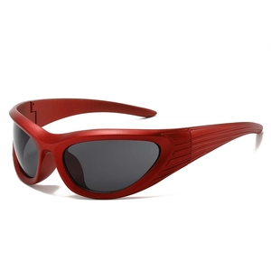Retro Y2K wrap-around sports sunglasses with deep red metallic frame and grey lenses