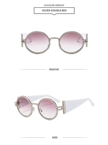 Detail view of retro oval sunglasses in silver-double red with wide white temples