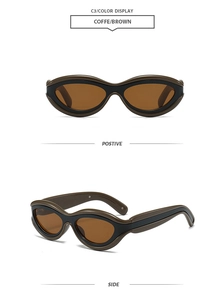 Detail view of two-tone retro oval sunglasses in coffee and black with brown lenses
