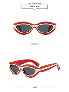 Detail view of oval cat-eye sunglasses featuring red frames and gold metal accents