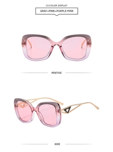 Detailed front and side views of cat eye sunglasses with gold hollow heart metal temples