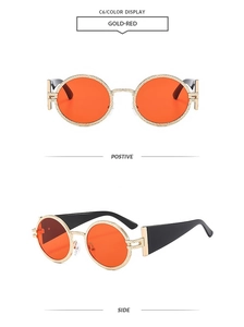 Detailed front and side views of gold oval sunglasses with red lenses and black frames