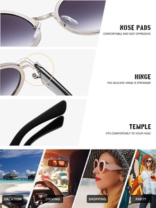 Close-up of metal hinges and purple gradient lenses on retro oval sunglasses