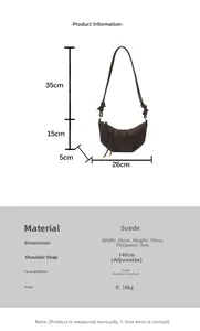 Detailed size specifications for brown suede crescent hobo bag with adjustable strap