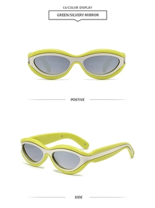 Detail view of fluorescent green Y2K cat eye sunglasses with silver mirrored lenses