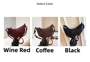 Three suede dumpling bags in wine red, coffee, and black with knot detail and stitching