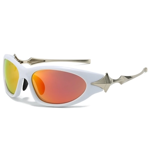 Futuristic white frame sunglasses with orange reflective lenses and silver geometric temples