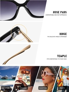 Detail showing gradient purple lenses, durable metal hinges, and integrated nose pads of sunglasses