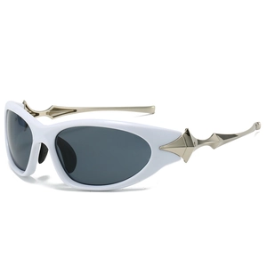 Futuristic white oval sunglasses with geometric metallic arms and dark grey lenses