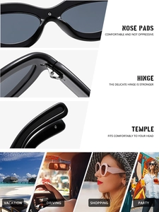 Detail view of cat eye sunglasses showing integrated nose pads and durable metal hinges