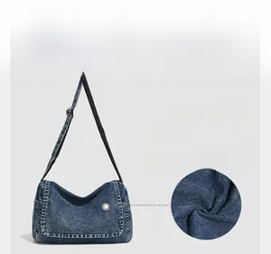 Detail showing comfortable and wear-resistant blue denim fabric texture of the messenger bag