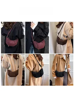 Detailed views of crossbody half-moon bags in wine red, brown and black with knotted straps