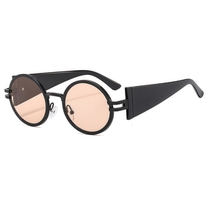Vintage oval sunglasses with thick black frames and orange tinted lenses from 45-degree angle
