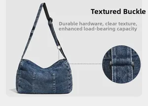 Detail view of durable denim messenger bag featuring premium buckles and adjustable strap