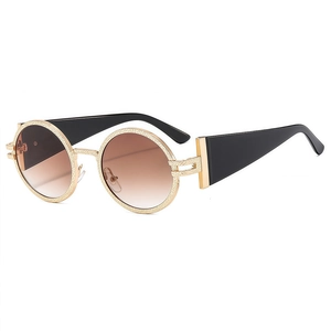 Retro oval sunglasses with gold textured metal frames and gradient brown lenses