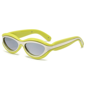Retro cat-eye sunglasses with neon green frame and silver metal accents on white background