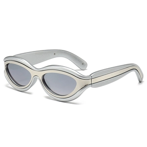 Futuristic matte silver cat-eye sunglasses with wavy frame and light grey lenses