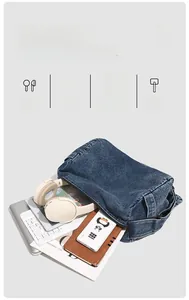 Detail of denim messenger bag interior with multiple compartments for electronics