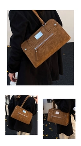 Trois vues extérieures d'un grand sac à bandoulière marron rétro porté avec un manteau noir