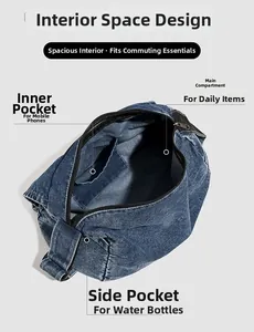 Detail view of denim messenger bag interior with spacious main pocket and phone slot